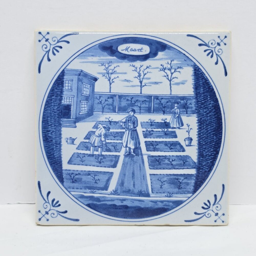 Vintage Westraven Dutch Blue & White Calendar Tile March Maart Garden Scene